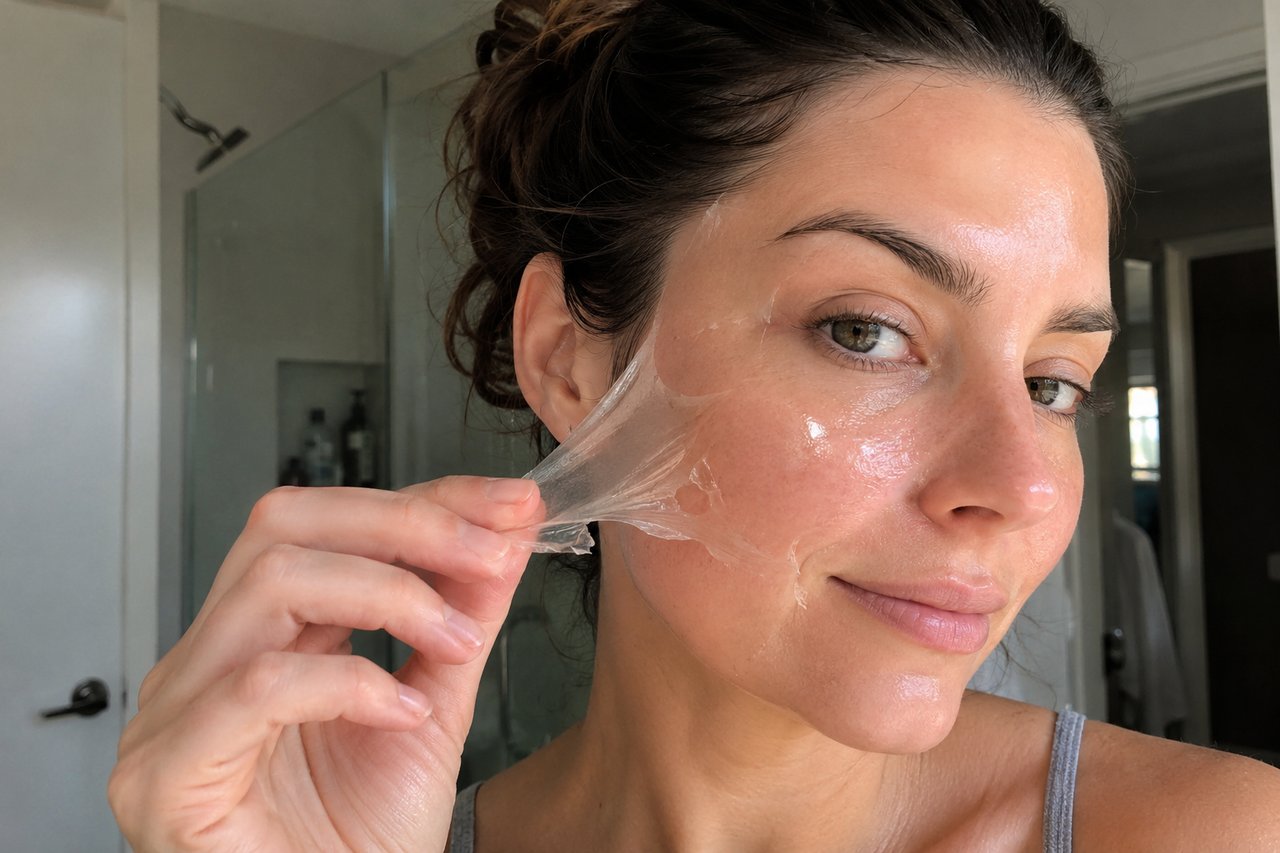 A woman peeling a clear hydrogel collagen mask off her glowing cheek