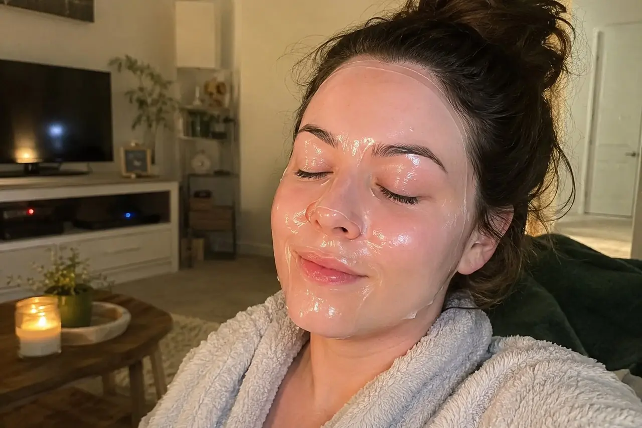A woman relaxing at home wearing a clear hydrogel collagen face mask