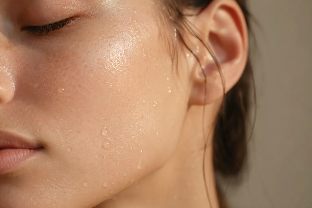Dewy water droplets on hydrated, healthy skin