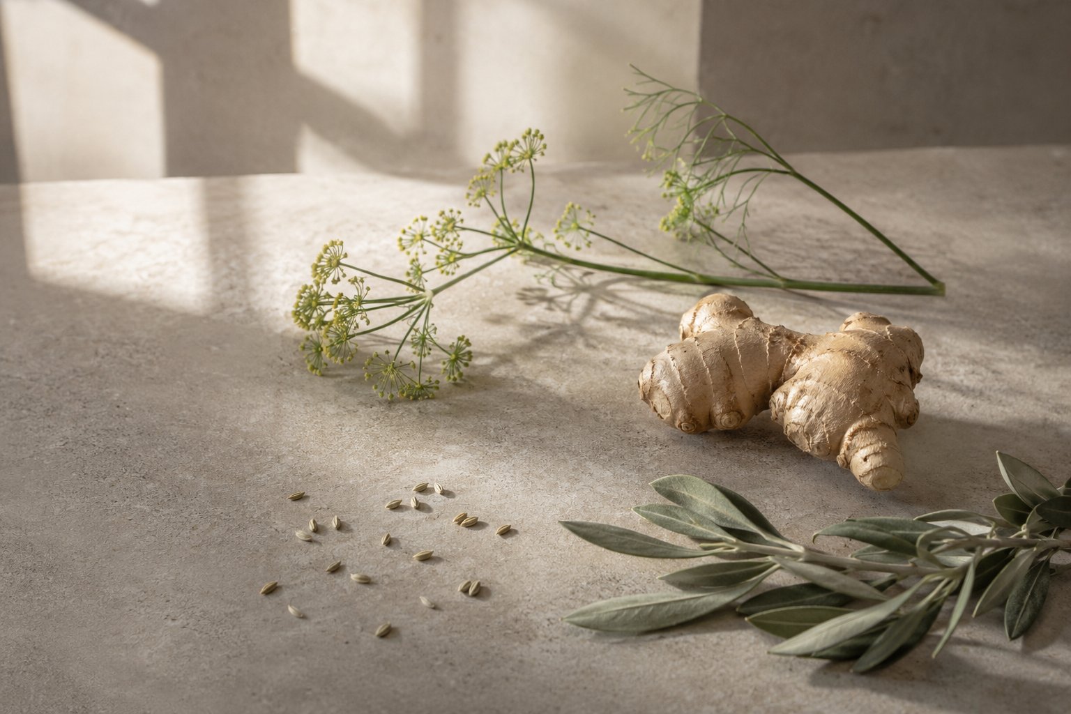 Fresh ginger, fennel and botanicals on a soft greige surface in window light