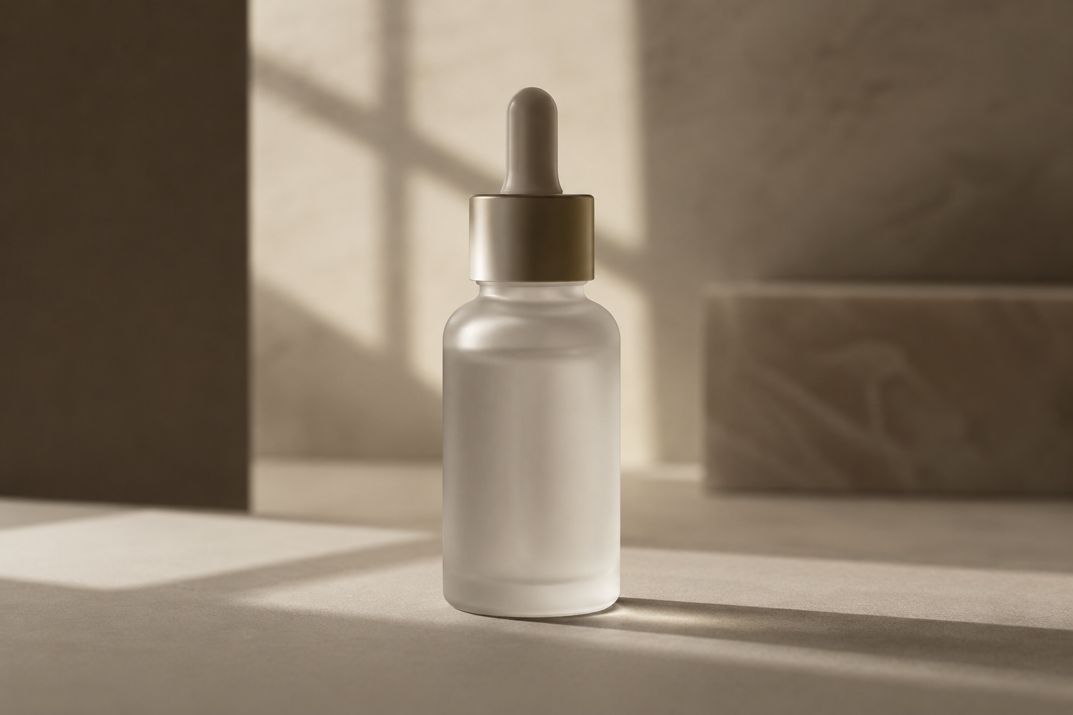 A frosted-glass serum bottle on a soft greige surface in window light