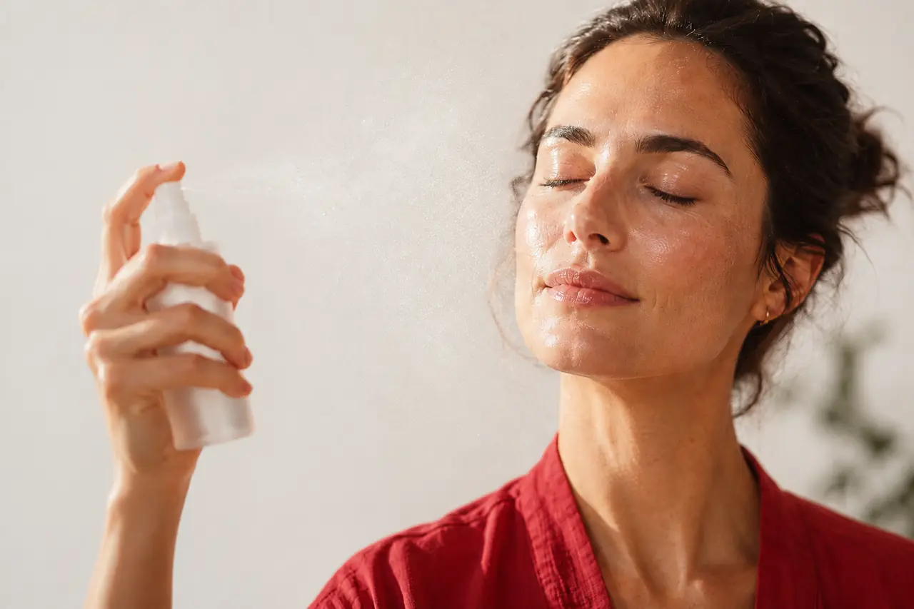 A woman misting a hypochlorous acid facial spray, eyes closed