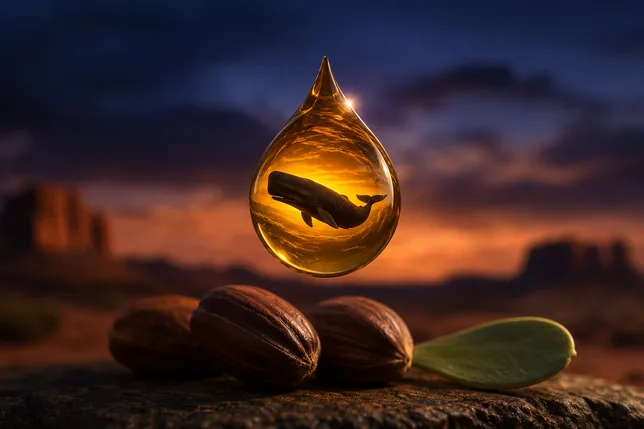 A small amber glass bottle of golden jojoba oil beside jojoba seeds and a desert plant in warm light