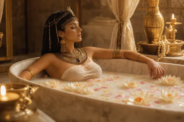 An ancient Egyptian queen reclining in a marble bath of milk, gold vessels and lotus flowers around her