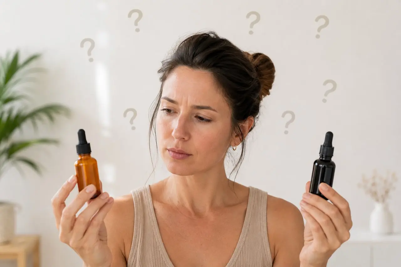 A woman holding a vitamin C serum in one hand and a retinol serum in the other, wondering if they work together