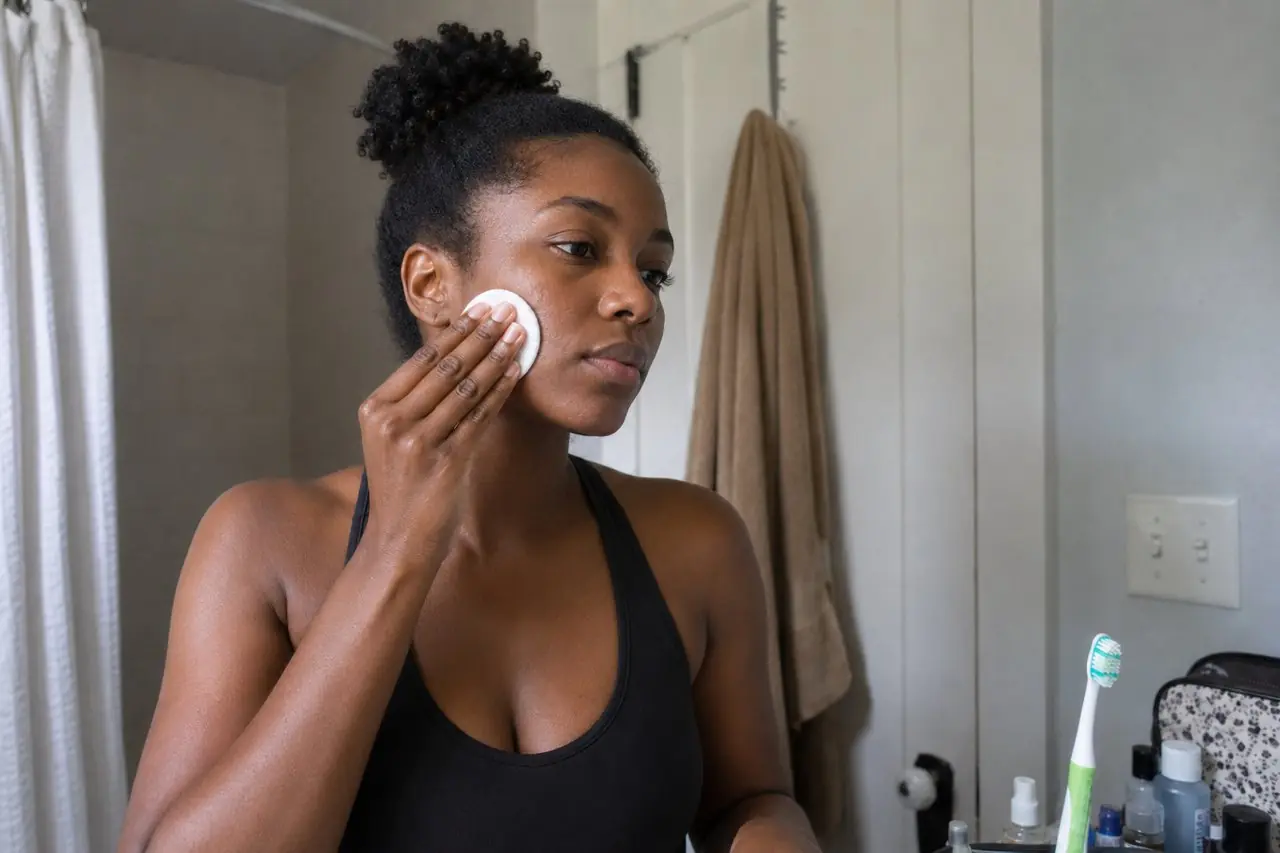 A woman swiping a Medicube Zero Pore Pad exfoliating toner pad across her cheek