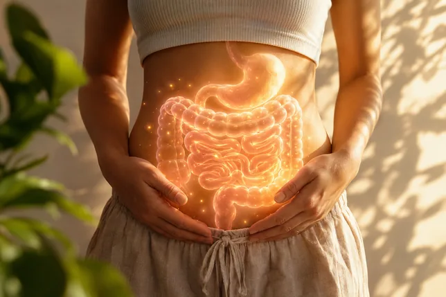 A woman cradling her belly in warm golden light, a soft glowing illustration of a healthy gut radiating from within