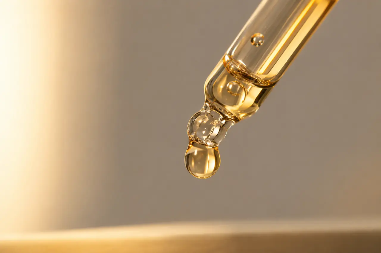 A single golden serum droplet from a glass dropper