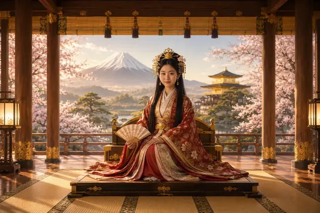 A woman in traditional Japanese silk court robes seated before Mount Fuji, cherry blossoms and a golden pavilion