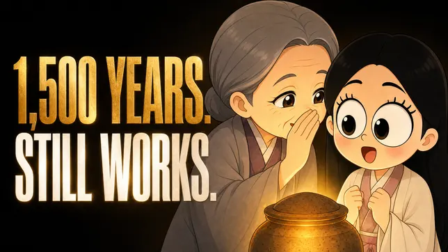 The girl and the elder whispering over a glowing jar, the video's title card
