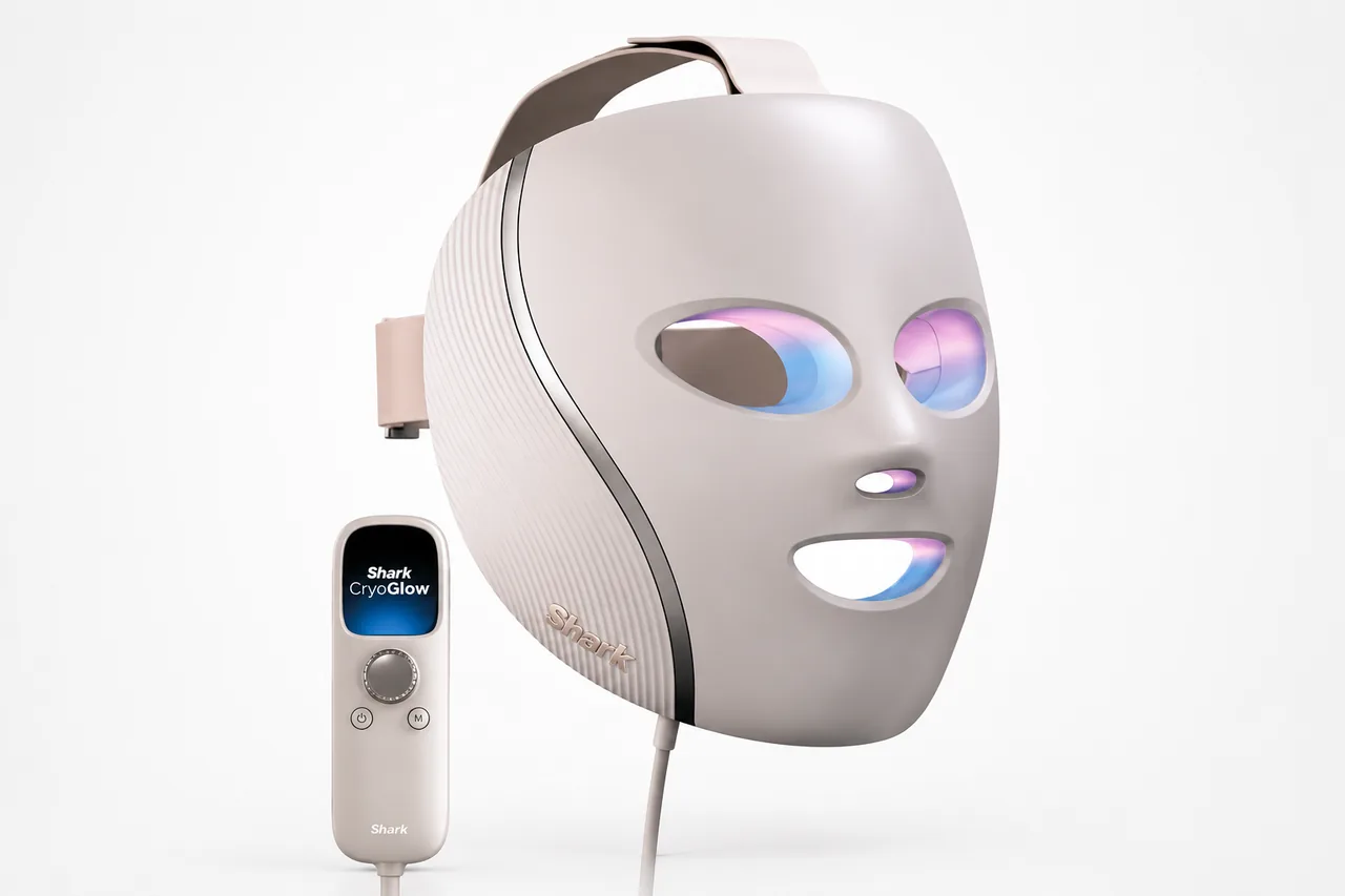 Shark CryoGlow LED face mask with under eye cooling glow and its remote on a white background
