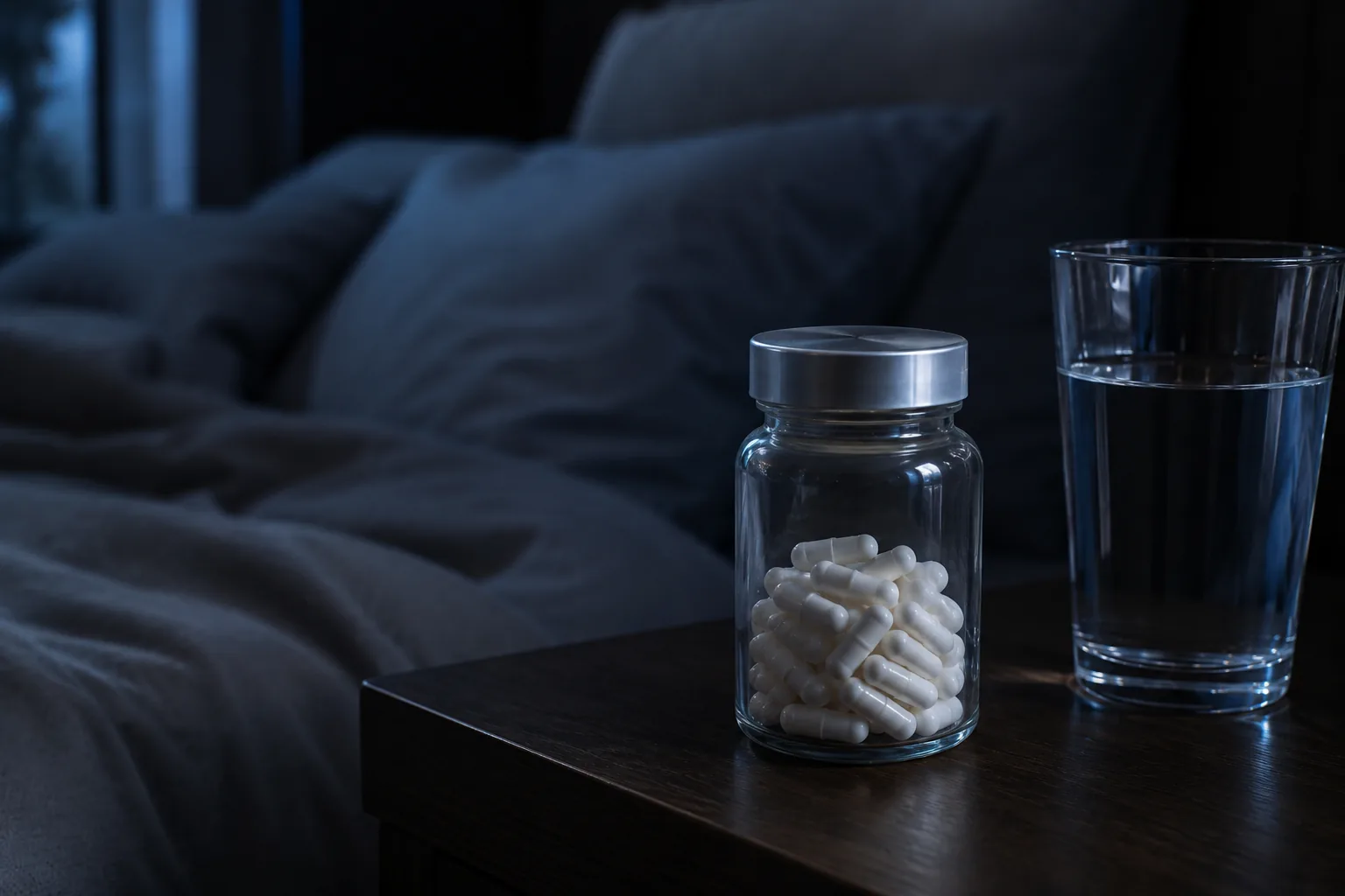 A jar of white supplement capsules beside a glass of water on a bedside table in soft evening light
